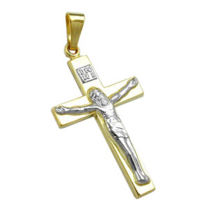 Anhänger, Kreuz mit Jesus – Gold, Bicolor, Glänzend – 27x16mm
