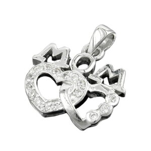 Anhänger, Herz MOM – Silber, rhodiniert, Zirkonia – 19x17mm