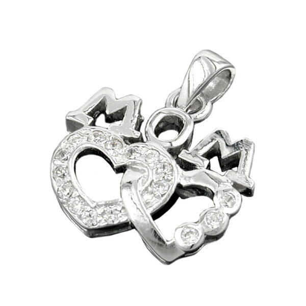 Anhänger, Herz MOM – Silber, rhodiniert, Zirkonia – 19x17mm
