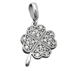 Anhänger, Kleeblatt – Silber, rhodiniert, Zirkonia – 14x11mm
