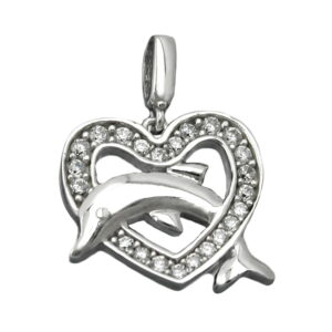 Anhänger, Herz Delfin – Silber, Zirkonia, rhodiniert – 14x15mm