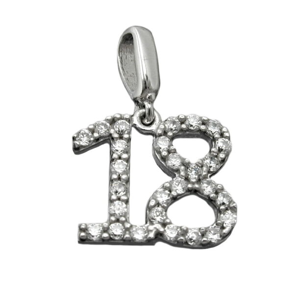 Anhänger, Zahl 18 – Silber, rhodiniert, Zirkonia – 10x11mm
