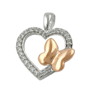 Anhänger, Herz/Schmetterling – Silber, Bicolor, Zirkonia – 15x17mm