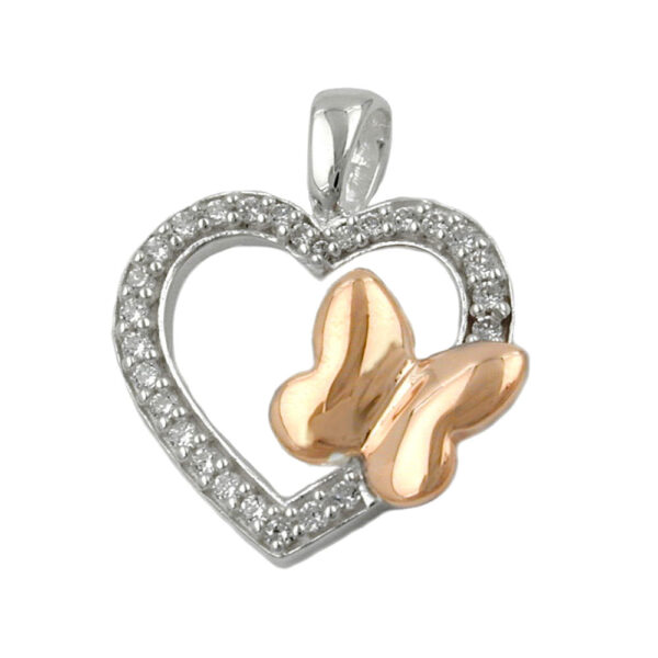 Anhänger, Herz/Schmetterling – Silber, Bicolor, Zirkonia – 15x17mm
