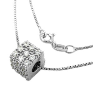 Kette, Würfel Anhänger – Silber, Zirkonia – 42cm