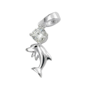 Anhänger, Delfin – Silber, glänzend, Zirkonia – 16x8mm