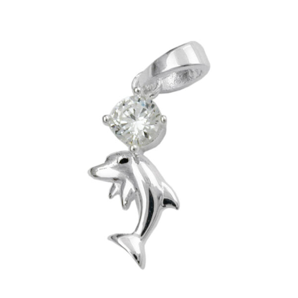 Anhänger, Delfin – Silber, glänzend, Zirkonia – 16x8mm