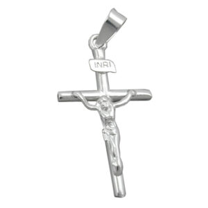 Anhänger, Kreuz mit Jesus – Silber, glänzend – 23x13mm