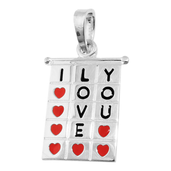 Anhänger, Viereck – Silber, Rot-Schwarz, I LOVE YOU – 22x13mm
