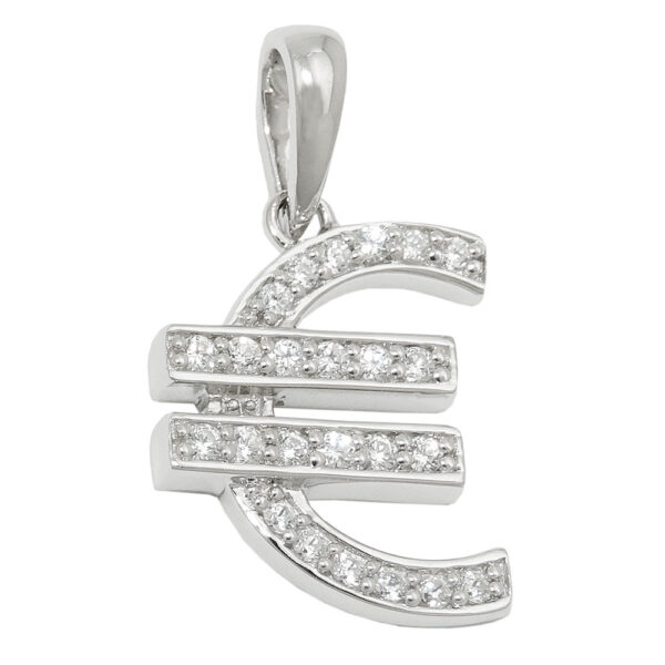 Anhänger, Eurozeichen – Silber, rhodiniert, Zirkonia – 15x13mm