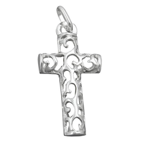 Anhänger, Kreuz – Silber, glänzend, filigran – 28x14mm