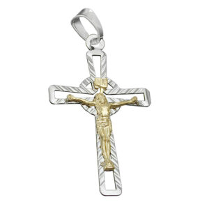 Anhänger, Kreuz Jesus – Silber, Bicolor, Diamantiert – 40x24mm