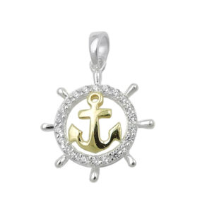 Anhänger, Steuerrad Anker – Silber, Bicolor, Zirkonia – 16mm