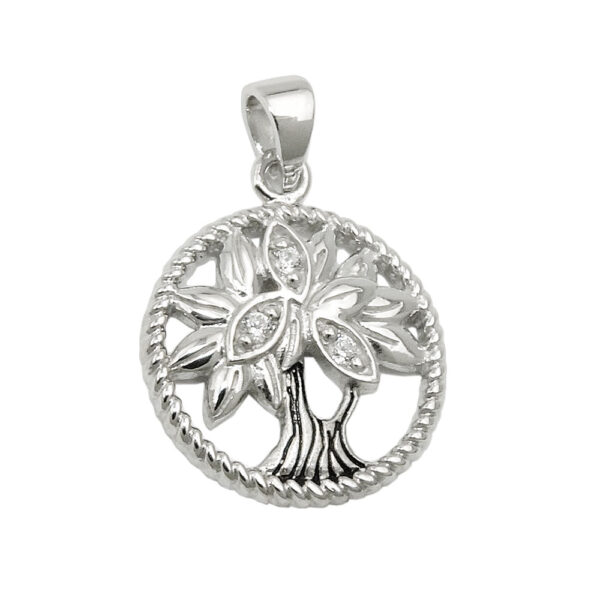 Anhänger, Lebensbaum – Silber, rhodiniert, Zirkonia – 15mm