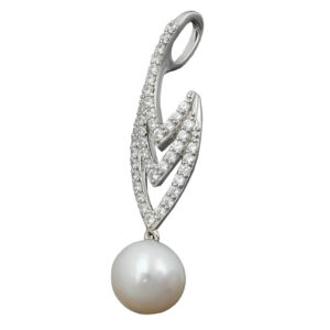Anhänger, V-Form – Silber, Zirkonia, Perle – 36x9mm