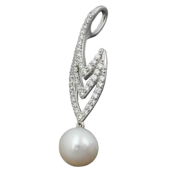 Anhänger, V-Form – Silber, Zirkonia, Perle – 36x9mm