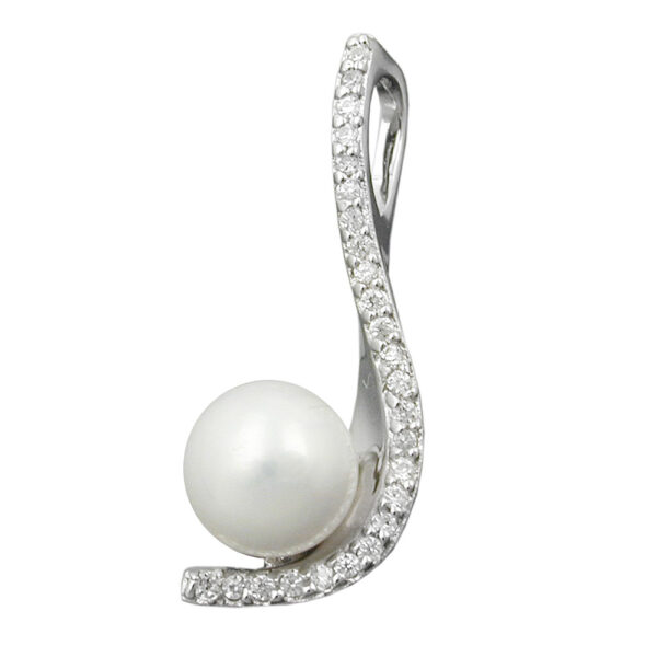 Anhänger, Perle Zirkonia – Silber, rhodiniert – 25x10mm