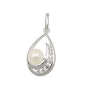 Anhänger, Tropfen – Silber, Zirkonia, Perle – 25x10mm